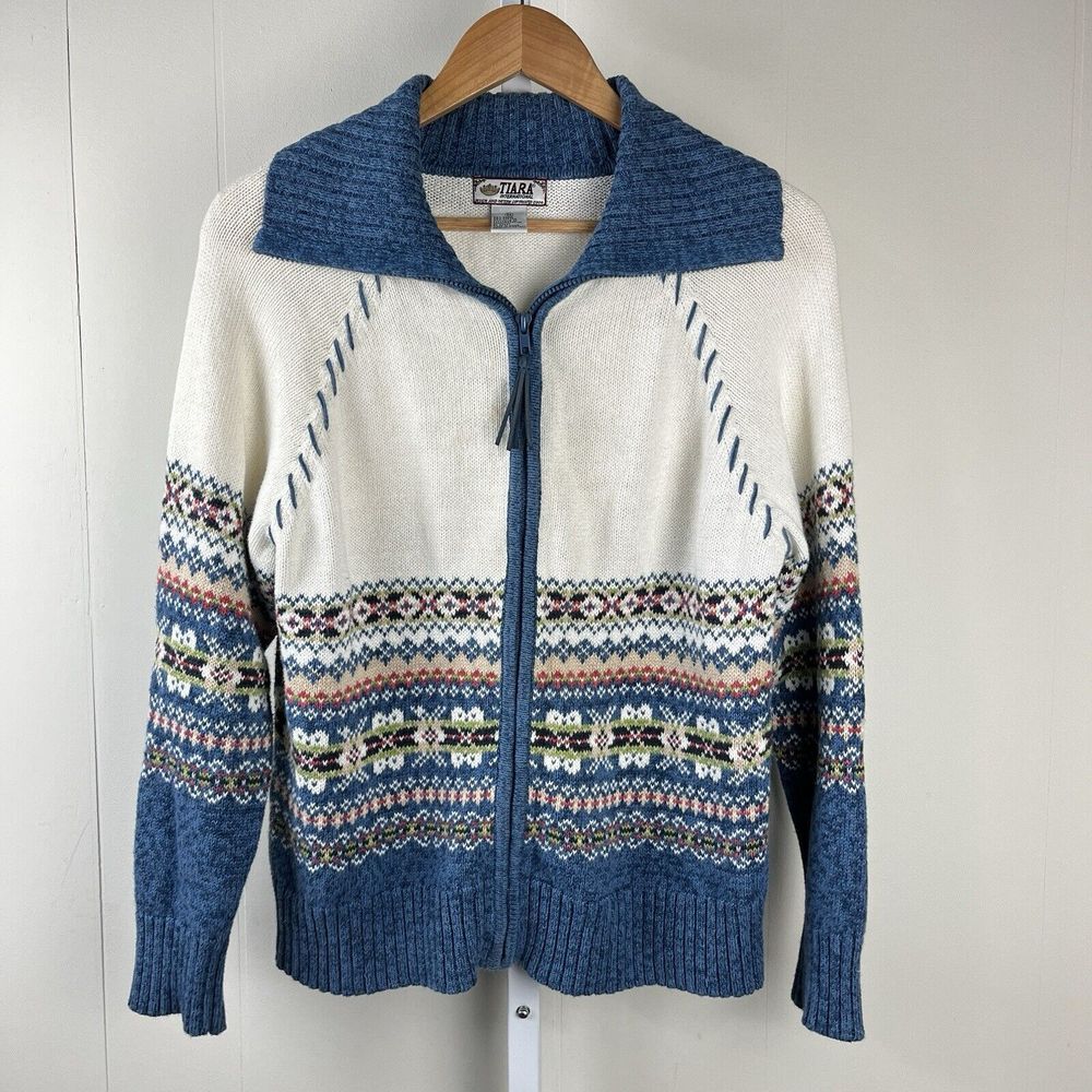 Fair Isle Zip-Up Sweater Jacket - Blue & Cream